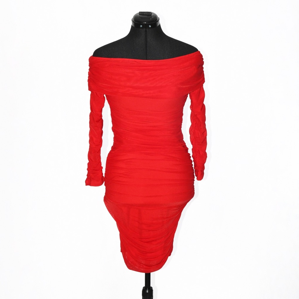 Off-Shoulder Ruched Bodycon Dress Mesh sleeves